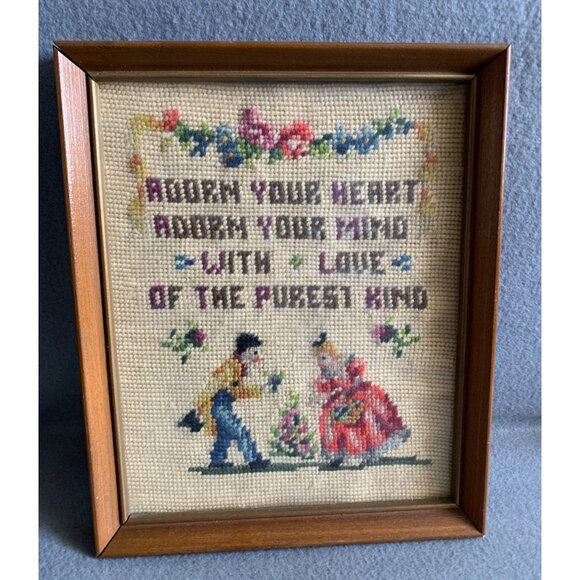 Vintage Needlepoint Art Adorn Your Heart & Mind with Love 9x11 - Picture 6 of 6
